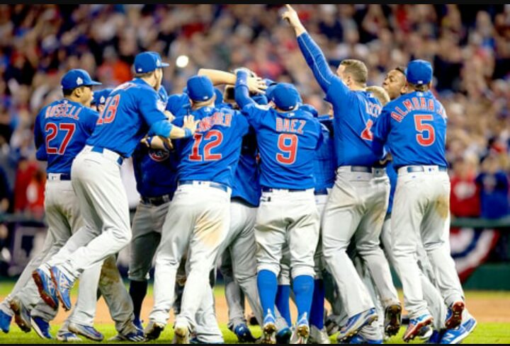 The Cubs jump for joy after clinching their first World Series title since 1908.