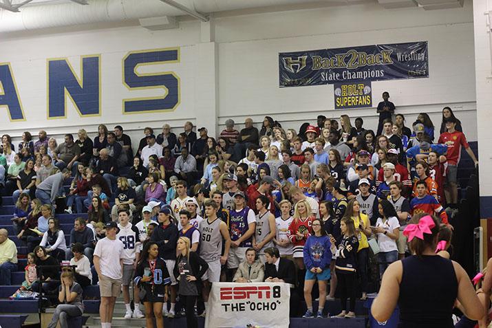 Decked out for the jersey theme, the student section awaits the start of the boys Senior Night game on February 17th.