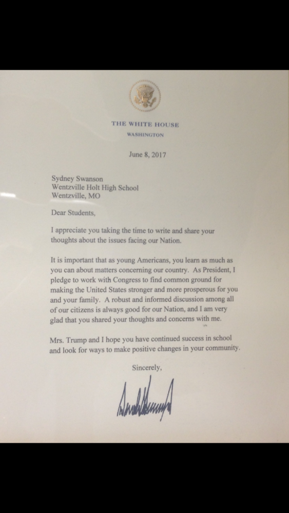 The letter in question- written by President Trump on June 8, 2017 in response to Mrs. Swansons English III classes. 