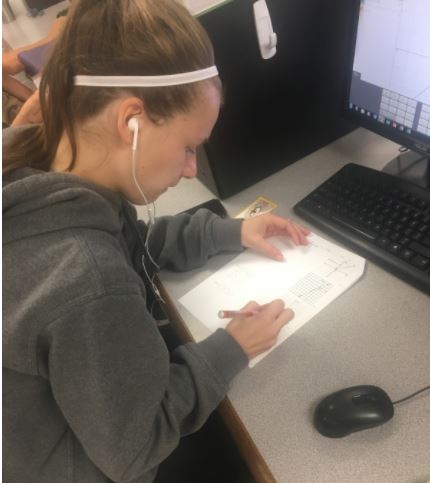 Working diligently on one of her many worksheets, Jasmine Hughes (‘20) uses her limited time wisely in study hall.
