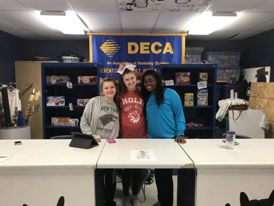 Gillian Wagner, Jordan Deekan, and Michon Forrest work the DECA store during six period lunches. “Working in the store is my favorite and most relaxing part of the day,” say Michon Forrest ‘18. The environment in the store is something everyone should experience.
