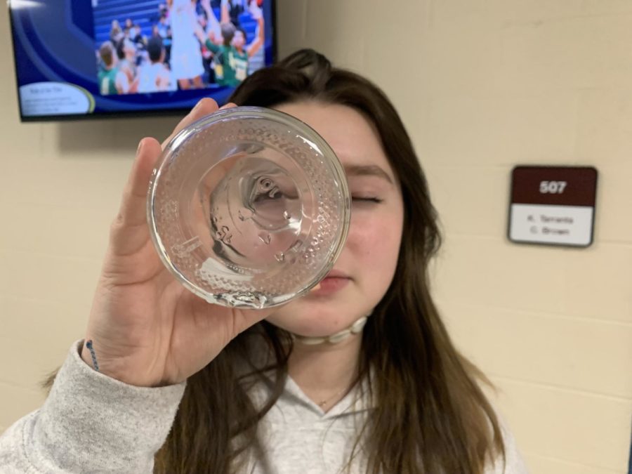 Sophomore, Jillian Sosa, investigates a mysterious substance located at the bottom of a beaker. 