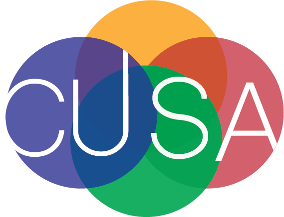 CUSAs logo was student made and is intended to convey a sense of integration with the intercrossing colors.