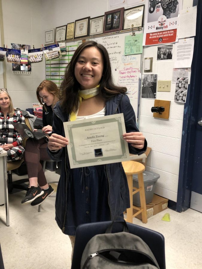 Amelia Truong (21) advances to state in the Poetry Out Loud competition.