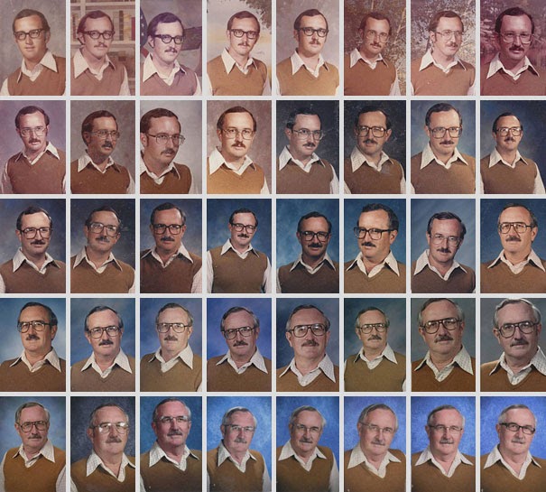 Teacher wears the same clothes every year for picture day.