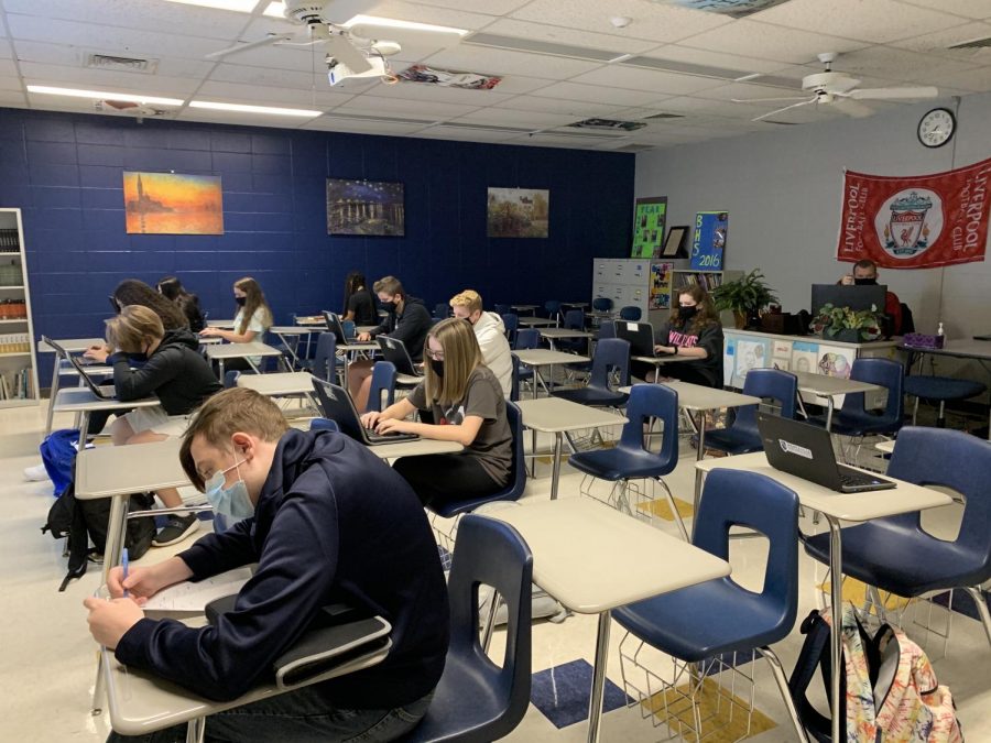 Students in Mr. Jim Pruitts class are socially distancing for now, but on Oct. 19, all the seats will be taken. While there are inherent challenges to any learning style we do, Im looking forward to students coming back so that they can grow in their social skills, Pruitt said.