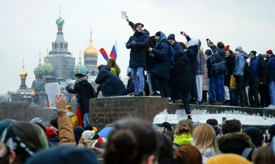 Russians gather in St. Petersbuerg to protest the jailing of Alexi Navalny.