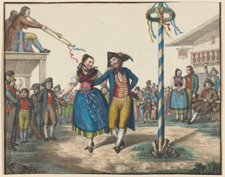 A painting of two people dancing around a Maypole to celebrate Beltane.
